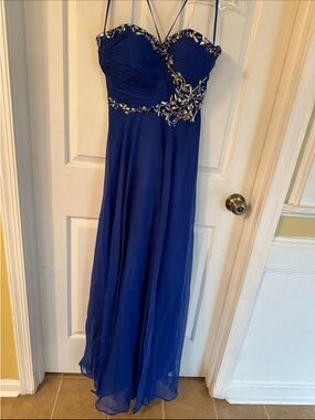 May Queen Royal Blue Beaded Chiffon Prom Gown